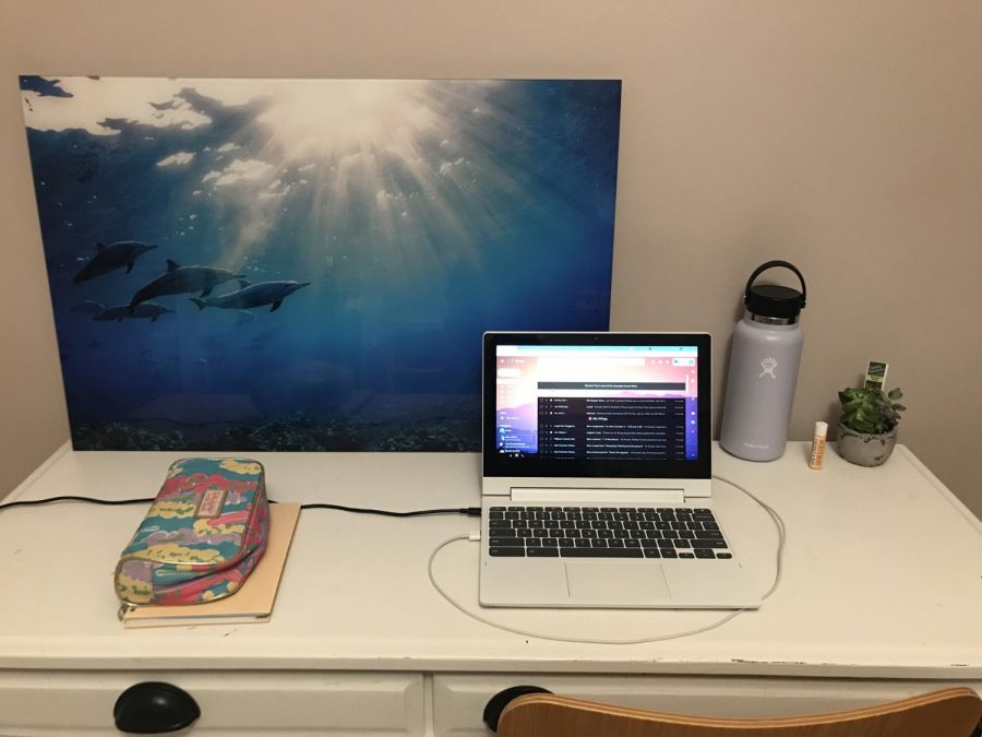 With her school email loaded on the computer, sophomore Amelie Robinson displays her remote learning workspace. 