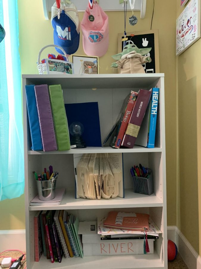 School books displayed on the shelf, freshman River Ball uses the shelf to help with organization. 