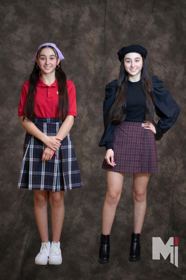 Freshman Fatima Montoya Valdez shows off her in uniform and out of uniform outfits. Miege students like Montoya Valdez express their personal style through accessories while at school.