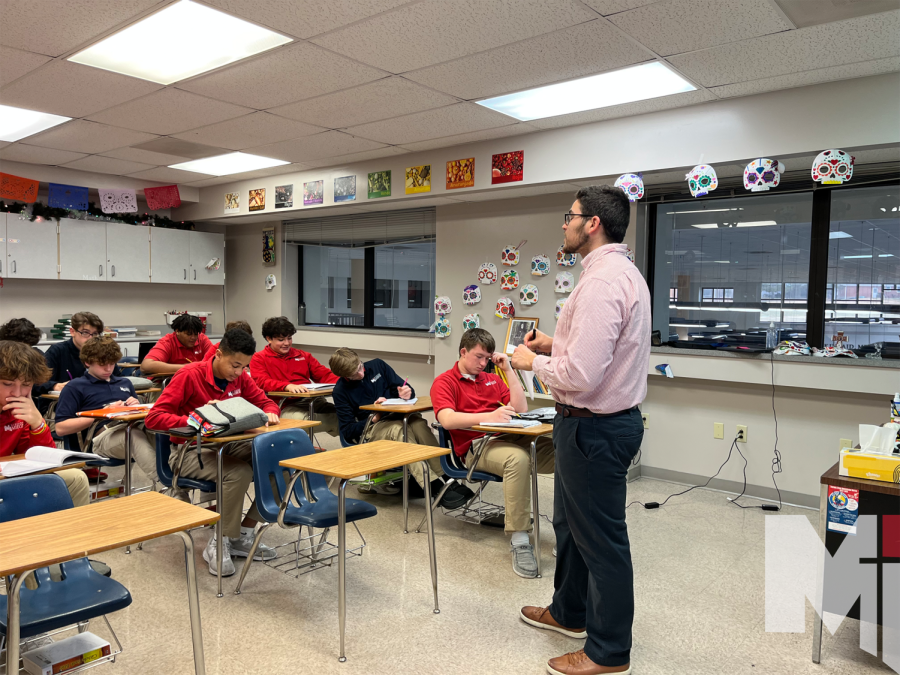 First-year teacher Ryan Geris teaches Spanish I and theology for sophomores. 