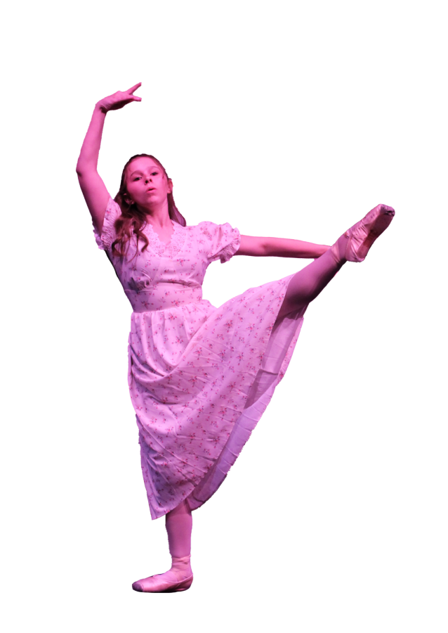 Performing in the school’s rendition of “Oklahoma!,” freshman Isabella Dessert dances during the dream sequence. To see more of Dessert’s performances, scan the QR to buy tickets to the Nutcracker.