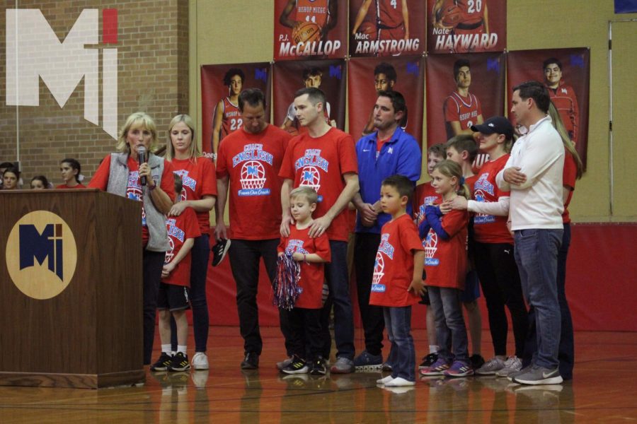 Before the boys varsity basketball game on Feb. 21, wife of former girl’s basketball coach Terry English thanks the Miege community for its support. English passed away on Oct. 11, 2022.