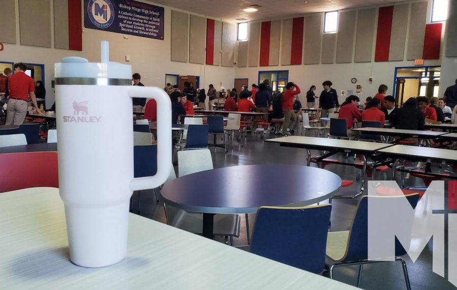 The Adventure Quencher Travel Tumbler nestles itself within the rounded pockets of the lunchroom tables, advertising its appeal to all those within eyeshot.