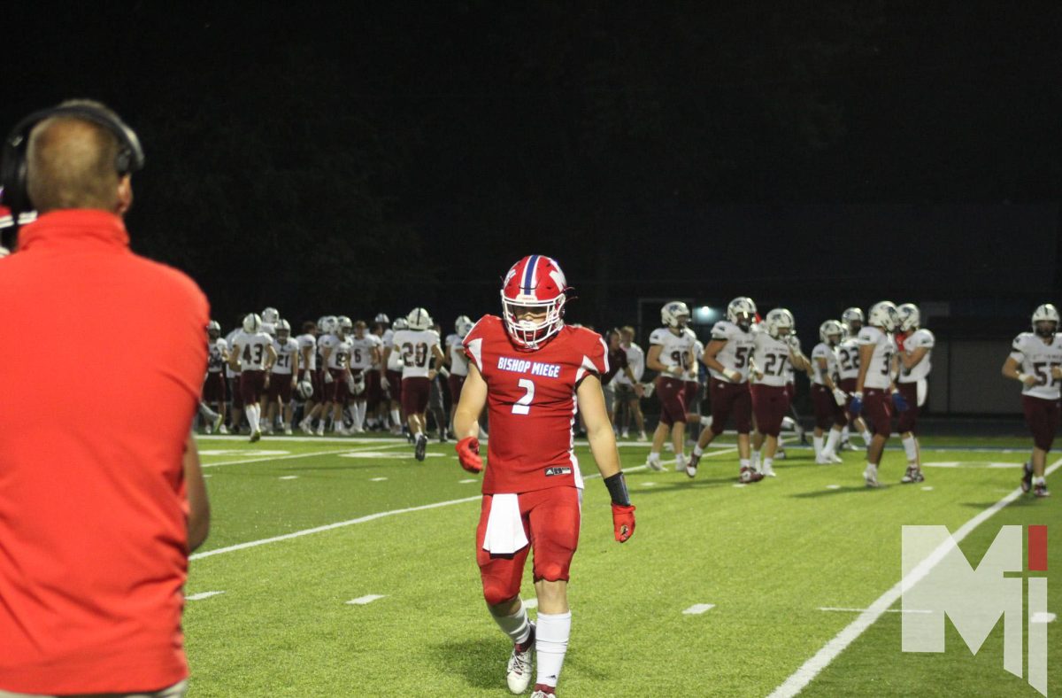 Hollis Moeller comes off the field during a game against St. James on Sept. 15. While Moeller’s first position is long snapping, he will also play tight end this year for the stags. Moeller has caught two touchdowns in three games.