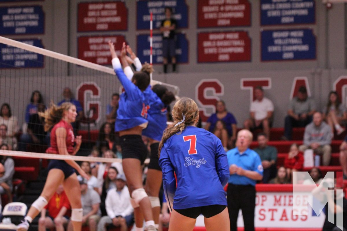 Scoring the final point of the set, freshman Finely LeMay helps set the tone for the match. The Stags lost  on Sept. 14 to St. James. “When were on the court, its not like theyre upperclassmen and were underclassmen,” freshman Maryn Dean said. “Were all the same. 