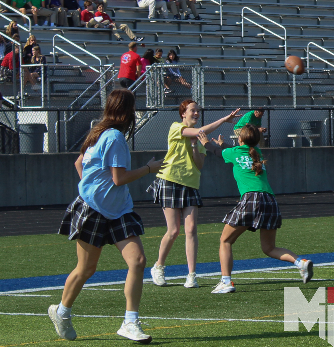 Throwing the ball aggressively, junior Lucy Watson competes along with the Lucas herd in razzle-dazzle during herd competitions against the Martina herd. “I felt pressured because I had to throw the ball fast so that I didn't get tagged," Watson said. “The standings of Lucas do not represent how we as a herd are doing because I feel we are doing pretty good but we are currently at a very low standing.”