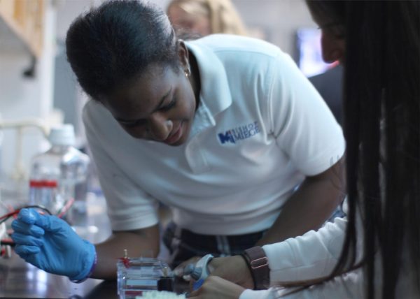 Seniors Rowan Epps and Evelyn Reyes perform gel electrophoresis to analyze samples of DNA from a crime scene to identify suspects. 